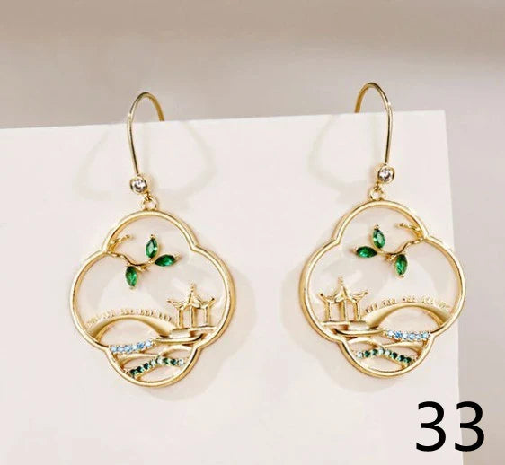 sengpan Chinese Style Pavilion Pearl Drop Earrings Fashion Vintage Dangle Bohemian Earrings for Women Ethnic Party Earrings Jewelry