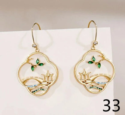 sengpan Chinese Style Pavilion Pearl Drop Earrings Fashion Vintage Dangle Bohemian Earrings for Women Ethnic Party Earrings Jewelry