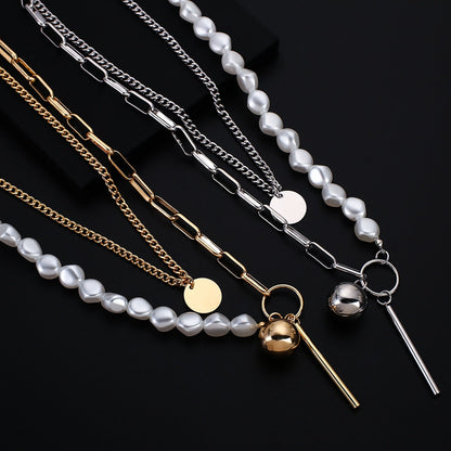 sengpan New Fashion Layered Baroque Pearl Charm Chain Necklace for Women Collar Metal Circle Round Ball Choker Necklaces