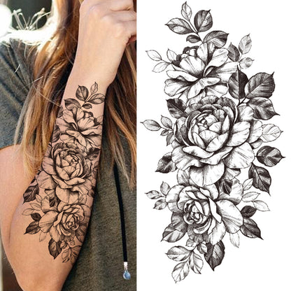 sengpan Black 3D Rose Temporary Tattoo For Women Girls Adult Peony Dahlia Flower Tattoos Sticker Black Flora Glory Geometric Arm Tatoos