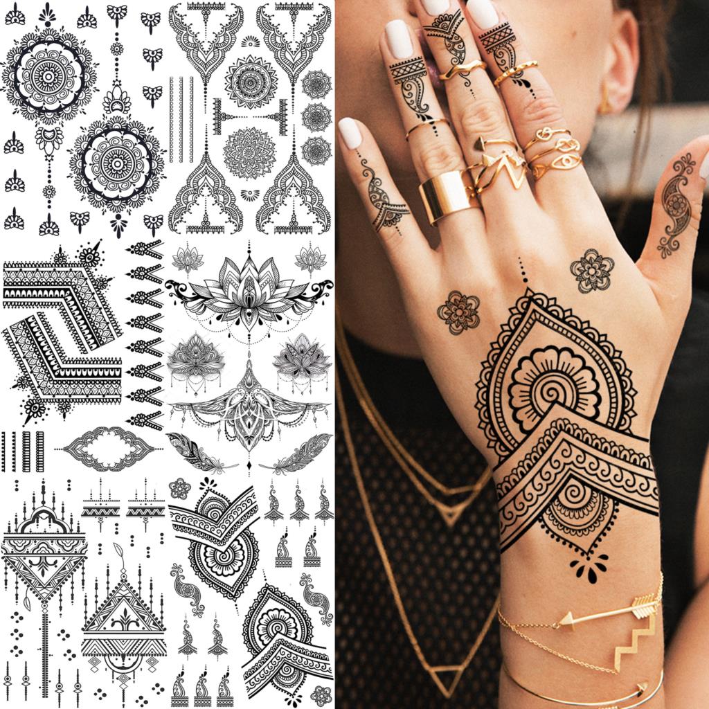 sengpan western jewelry for women Black Henna Lace Temporary Tattoos Sticker For WOmen Butterfly Moth Mehndi Flower Fake Tatoo Sticker Feather Flora Tatoo