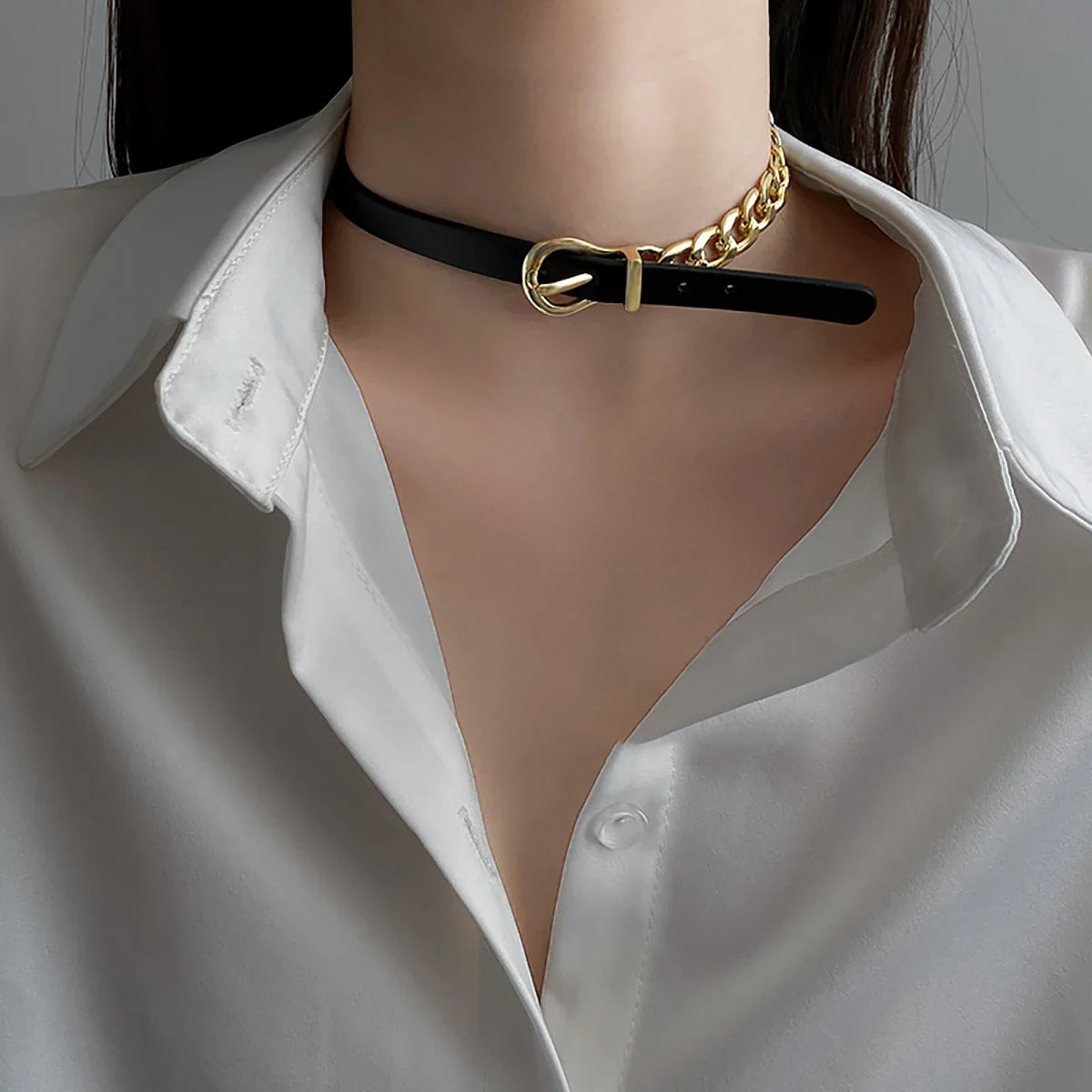 Lianfudai Punk Leather Choker Chain Collar Necklace for Women Hip Hop Belt Chains Bracelet 2024 Female Girls Party Jewelry Gift