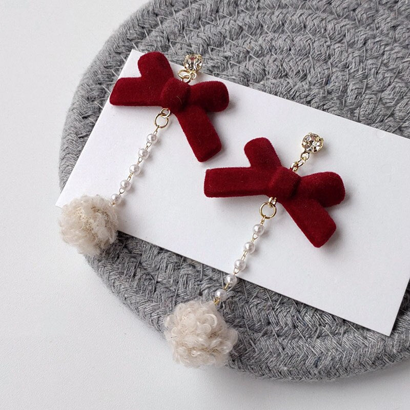 sengpan Christmas wishlist Fashion Velvet Bow Drop Earrings For Women Temperament Pearl  Heart Red Black Earring Girls Party Christmas Jewelry Gifts