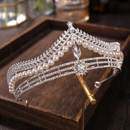 sengpan bridal jewelry set for wedding Luxury Silver Color Crystal Pearl Leaf Bridal Tiaras Crown Geometric Rhinestone Pageant Diadem Wedding Hair Accessories