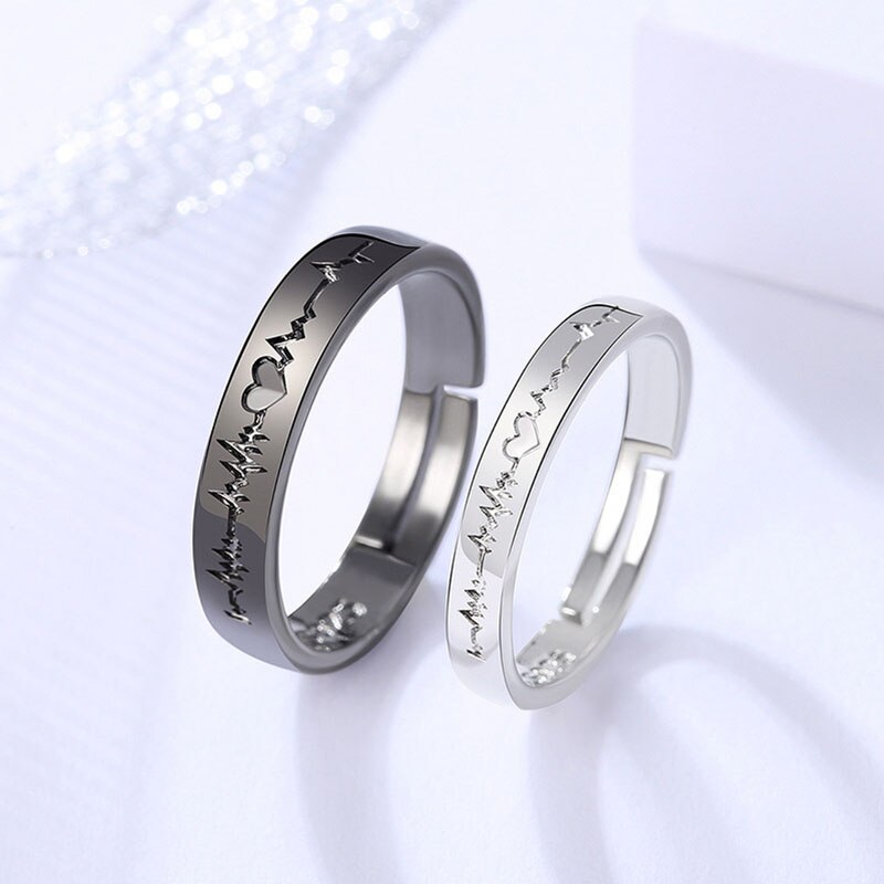 sengpan Christmas wishlist 2Pcs Love Heart Electrocardiogram Couple Open Rings For Women Men Lover Black Silver Color Engagement Wedding Valentine'Day Gift