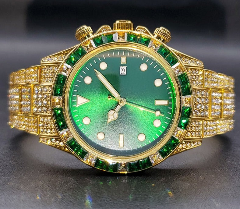 sengpan watches on sale Disaster Prevention Jewelry Watch For Men Classic AAA Iced Diamond Watches With Green Baguette Bezel Luminous Waterproof Clock Luxury Gifts For Men FREE SHIPPING