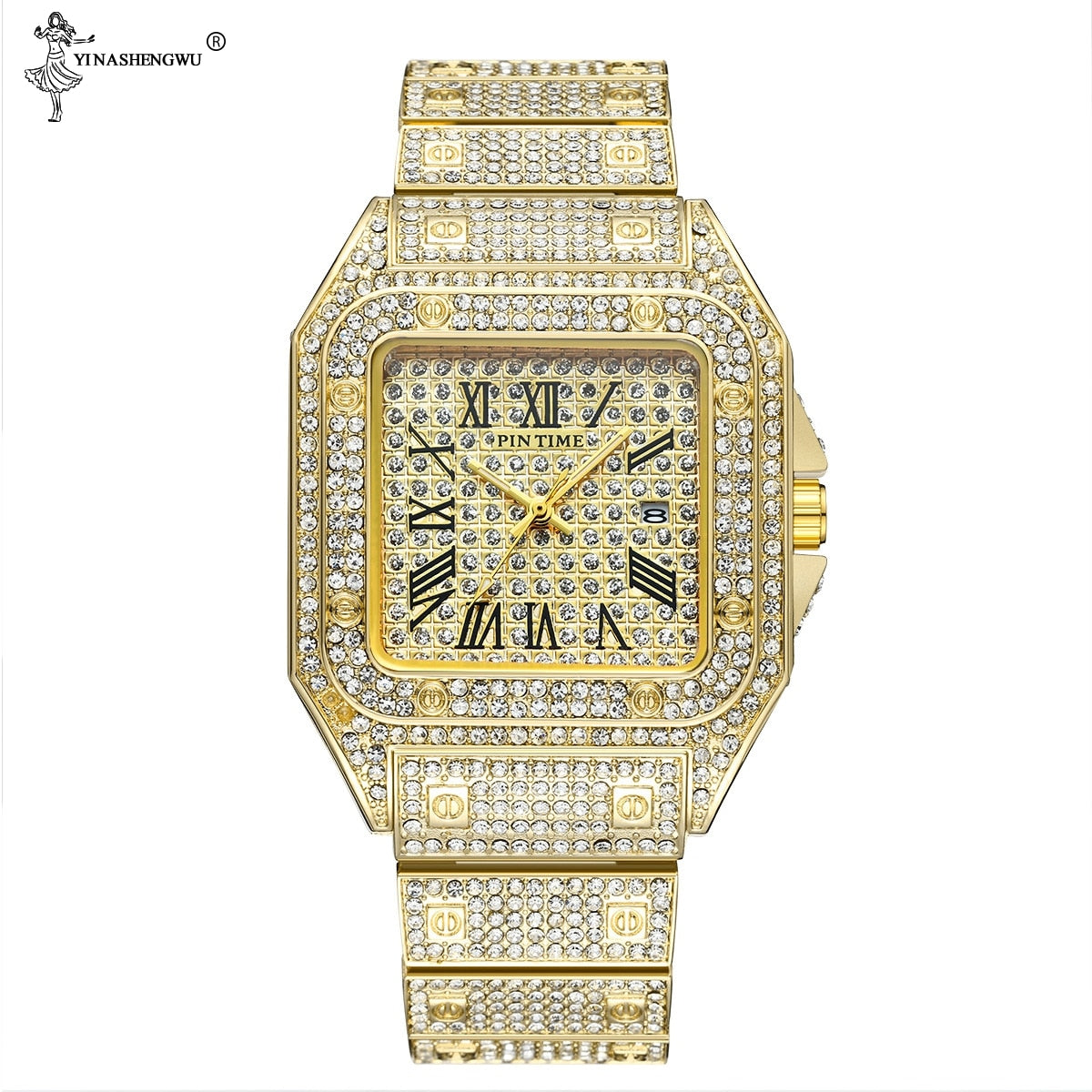 sengpan Disaster Prevention Jewelry Hip Hop Iced Out Men Watch Square Diamond Quartz Luxury Mens Wrist Watches Gold Roman Calendar Steel Clock Relogio Masculino New