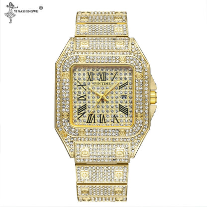 sengpan Disaster Prevention Jewelry Hip Hop Iced Out Men Watch Square Diamond Quartz Luxury Mens Wrist Watches Gold Roman Calendar Steel Clock Relogio Masculino New