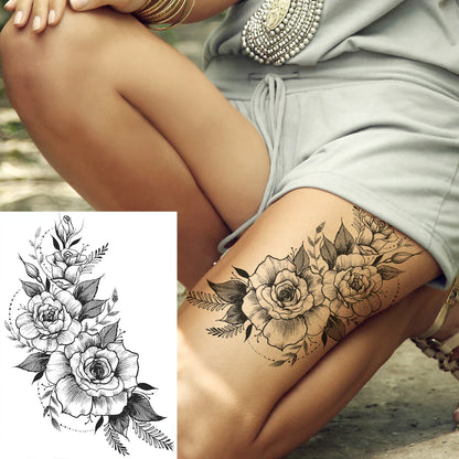 sengpan Sexy Flower Temporary Tattoos For Women Body Art Painting Arm Legs Tattoos Sticker Realistic Fake Black Rose Waterproof Tattoos