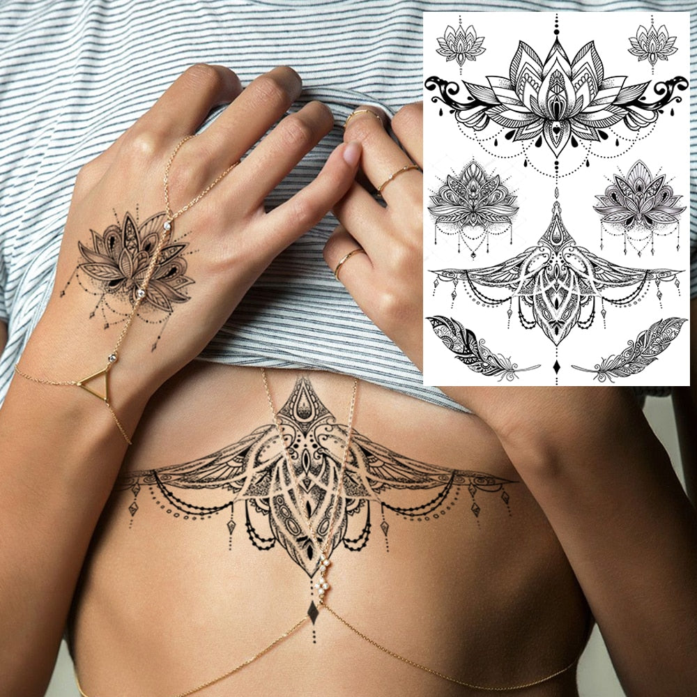 sengpan western jewelry for women Black Henna Lace Temporary Tattoos Sticker For WOmen Butterfly Moth Mehndi Flower Fake Tatoo Sticker Feather Flora Tatoo