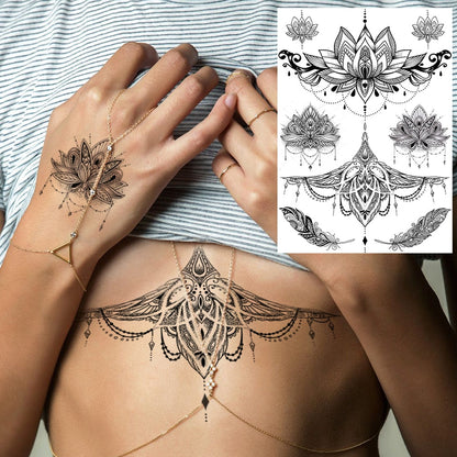 sengpan western jewelry for women Black Henna Lace Temporary Tattoos Sticker For WOmen Butterfly Moth Mehndi Flower Fake Tatoo Sticker Feather Flora Tatoo