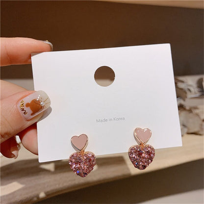 sengpan Female Women Girl Stud Earrings Pink Zircon Rhinestone Heart Sweet Cute Fashion Jewelry Accessories