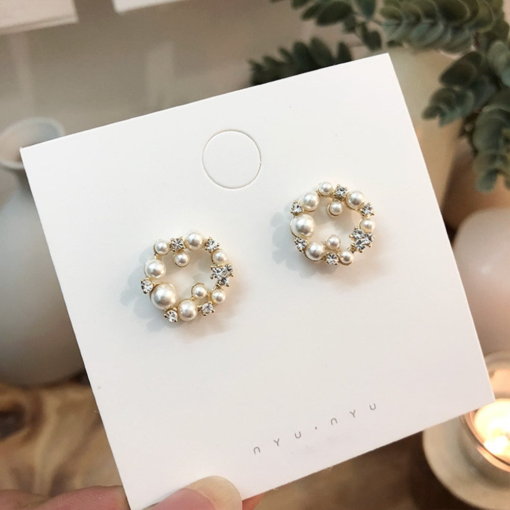 sengpan gifts for women South Korea Small Fresh Sweet Cute Heart Crystal Stud Earrings Temperament Geometric Round Pearl Zircon Earrings Party