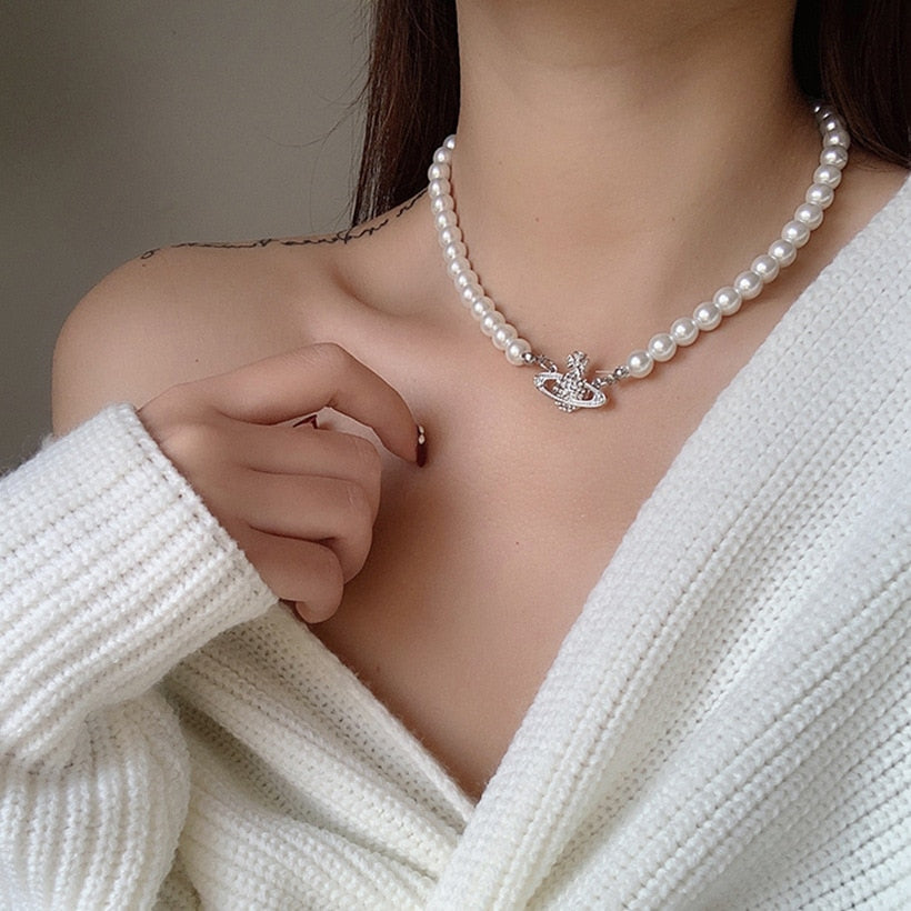 sengpan christmas wishlist gifts for her hot sale new Vintage Multilayer Pearl Necklace Trendy Crystal Planet  Choker Necklace Pearl Choker for Women Fashion Jewelry Drop Shipping