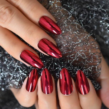 sengpan Mirror Red Color Metallic Press on Nail Stiletto  Metal Punk Oval Sharp end Full False Fake Nail Tips Salon Bride Wear Nails Art