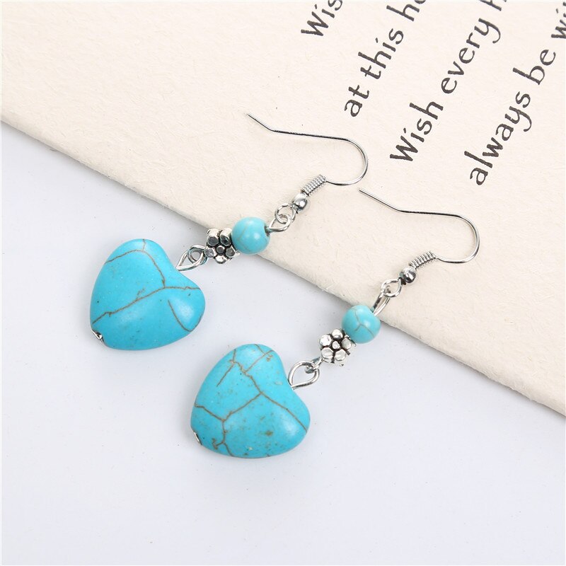 sengpan Disaster Prevention Jewelry Women Drop Earrings Jewelry Retro Simple Heart Shape Engraving Stone Turquoised Earrings Features Texture Stone Earring