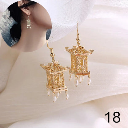 sengpan Chinese Style Pavilion Pearl Drop Earrings Fashion Vintage Dangle Bohemian Earrings for Women Ethnic Party Earrings Jewelry