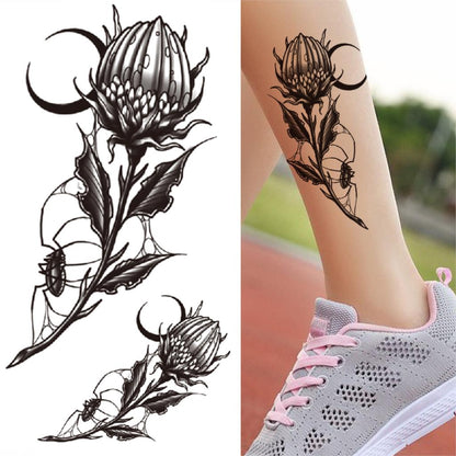 sengpan Lotus Flower Temporary Tattoo For Women Girls Snake Peony Lily Rose Chains Tattoos Sticker Black Blossom Fake Transferable Tatoo