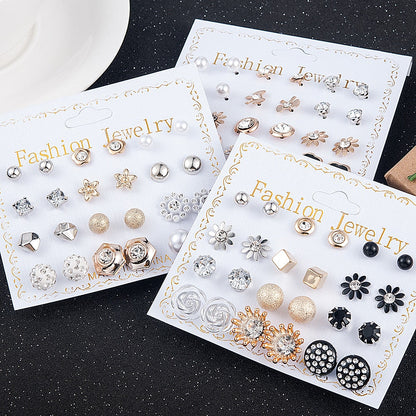 sengpan easter ifts for women 12 Pairs/Set Women's Pearl Flower Crystal Mix Design Studs Earrings Girls Elegant Gold Heart Ear Jewelry Gift Aretes De