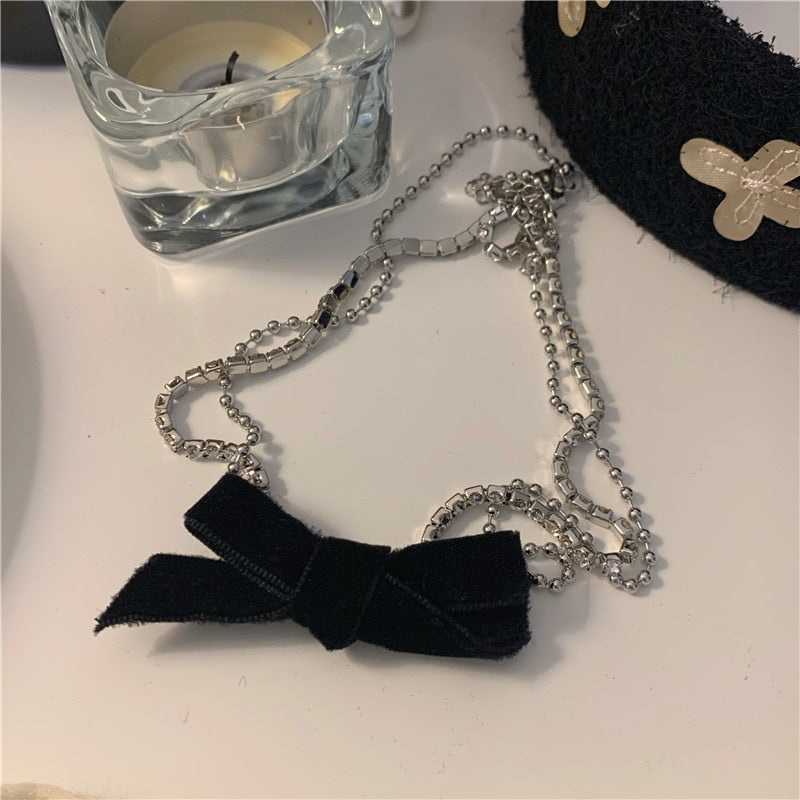 sengpan Sweet Black Velvet BowAdjustable Pearl Strap Bow Necklace Various Wearing Style Clavicle Chain Collar for Women Jewelry