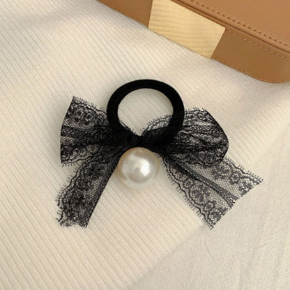 sengpan New Vintage Pearl Bow Headband Cute Black Rubber Band Lace Elasticity Head Rope for Women Girl Temperament Hair Accessories