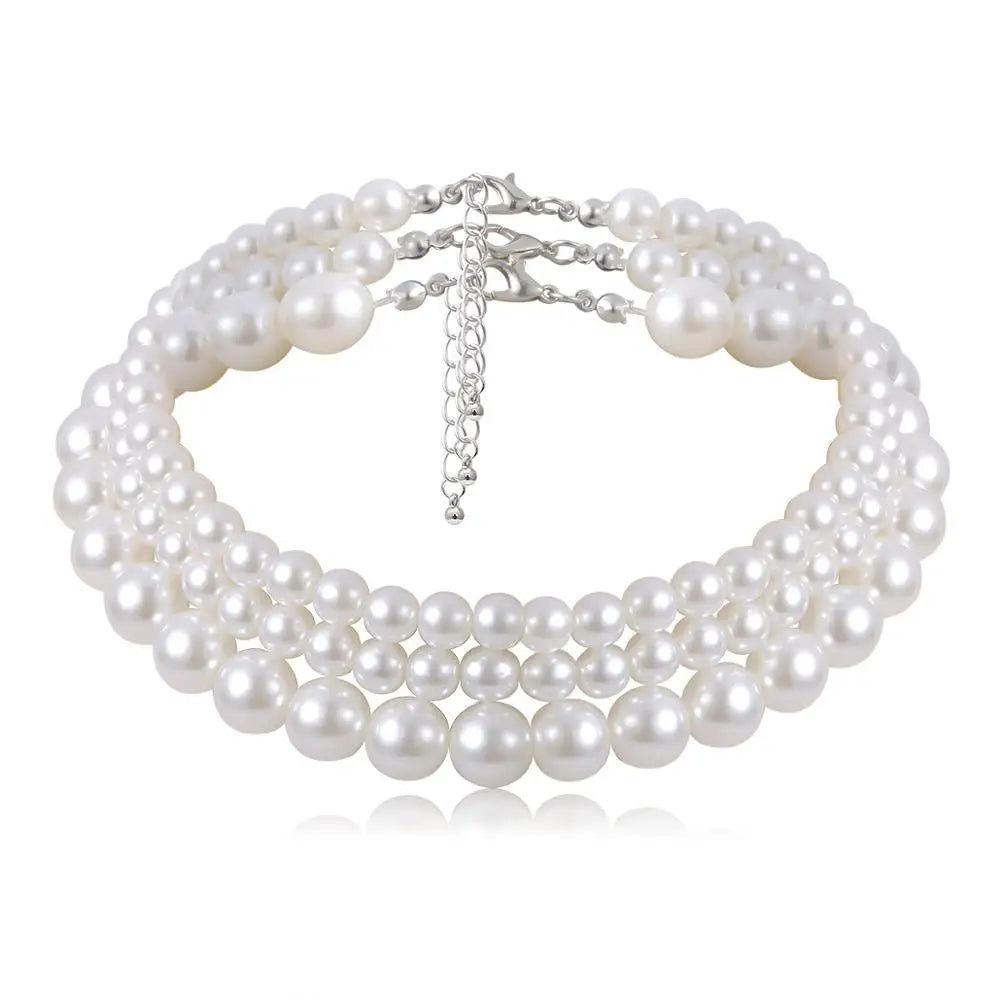 sengpan Multi-Layer White Imitation Pearl Necklace Bead  Chain Punk Ladies Wedding Short Clavicle Necklac Girl Charm Banquet Jewelry