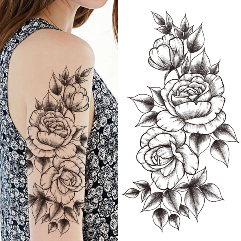 sengpan Lotus Flower Temporary Tattoo For Women Girls Snake Peony Lily Rose Chains Tattoos Sticker Black Blossom Fake Transferable Tatoo