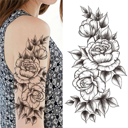 sengpan Lotus Flower Temporary Tattoo For Women Girls Snake Peony Lily Rose Chains Tattoos Sticker Black Blossom Fake Transferable Tatoo