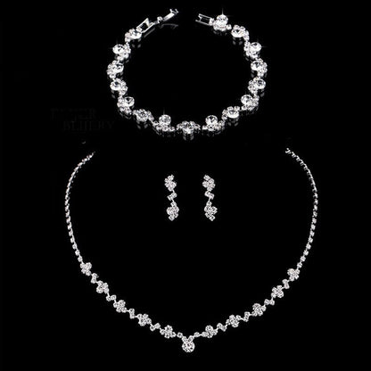 sengpan Silver Color Rhinestone Crystal Bridal Jewelry Sets for Women Necklace Earrings Bracelet Set Wedding Jewelry Accessories