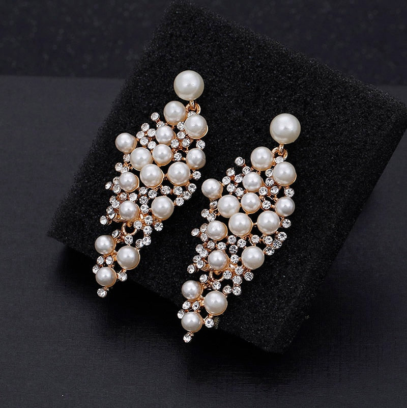 sengpan Gold Color Bridal Drop Earrings Simulated Pearl Crystal Statement Earrings for Women Wedding Party Jewelry Gift