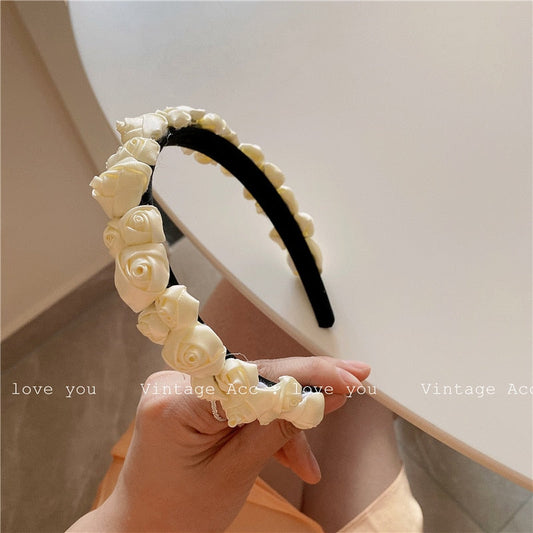 sengpan Spring Korea Vintage Geometric Irregular White Silk Rose Headband Romantic Elegant Smooth Bow Hairpin for Women Accessories