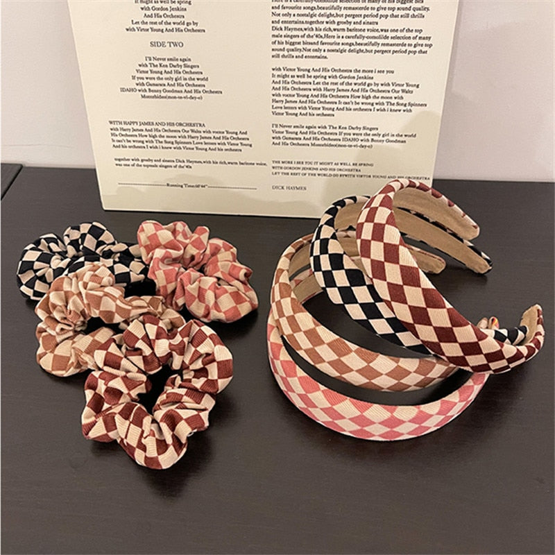 sengpan Retro Colorful Fabric Check Elasticity Hair Ring Irregular Geometric Matte Wide Headband for Women Party Accessories