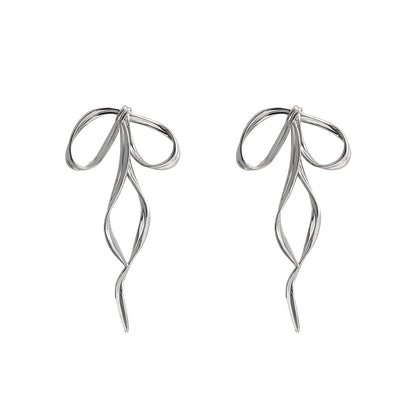 sengpan Korean Design Fashion Simple Silver Color Metal Line Bow Earrings Elegant Big Long Bowknot Drop Earrings Female