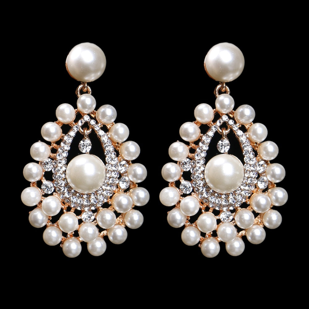 sengpan Gold Color Bridal Drop Earrings Simulated Pearl Crystal Statement Earrings for Women Wedding Party Jewelry Gift