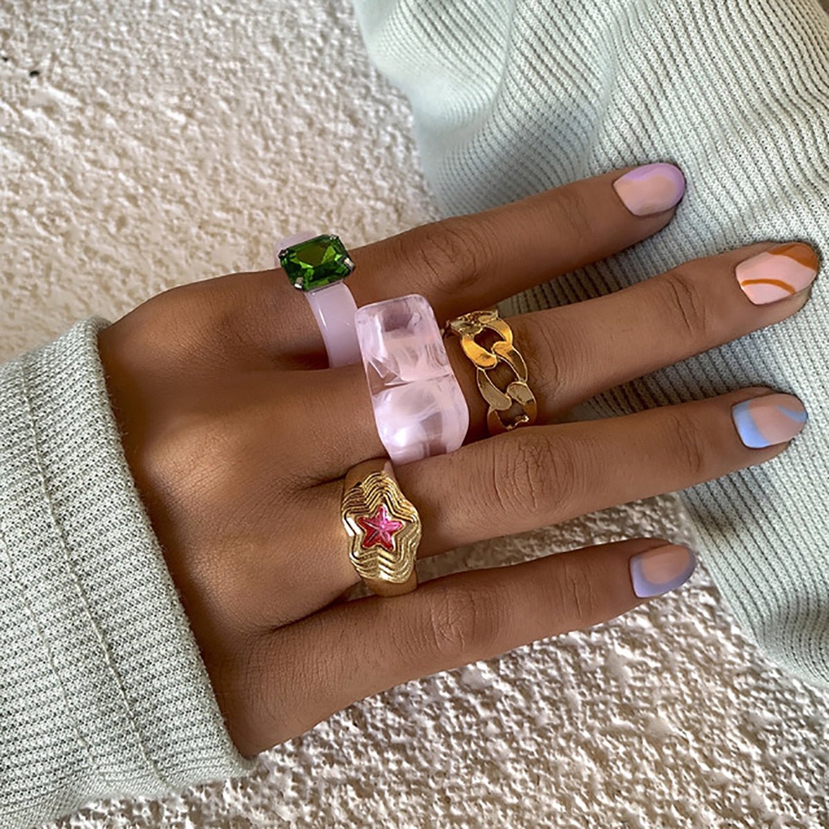 sengpan New Punk Hip Hop Big Resin Acrylic Rings Set Heart Shape Geometric Ring for Women Girls Y2K Style Party Jewelry Wholesale