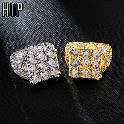 sengpan Hip Hop Glacier Ring 18K Gold Plated Full Cubic Zircon Charm Iced Out Bling Popular Tready Square Ring For Men Jewelry