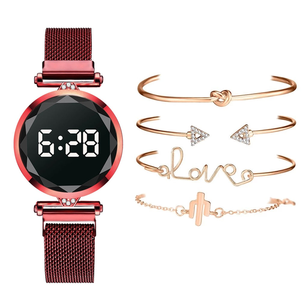 sengpan Christmas wishlist 5pcs Set Bracelet Watch Women Luxury Digital Magnet Rose Gold Stainless Steel Led Quartz Watches Relogio Feminino Dropshipping