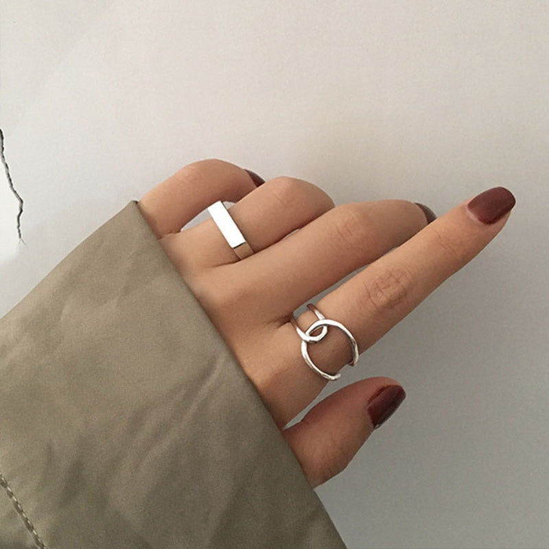 sengpan Silver Color Bijoux Simple Style Multilayer Line Finger Rings Girl Gift Large Open Ring Geometric Irregular Exaggerated Jewelry