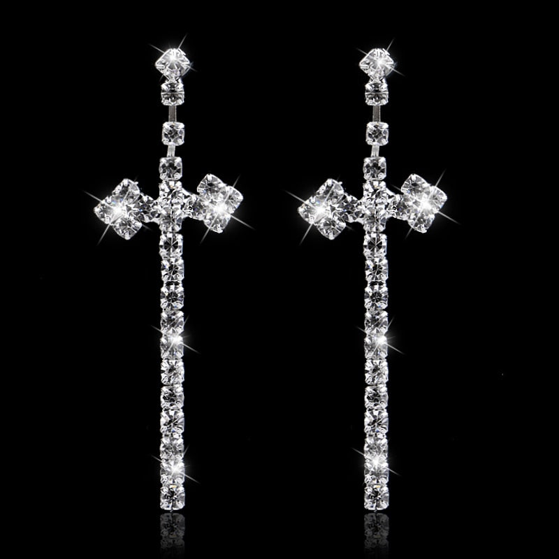 sengpan Bridal Crystal Cross Shape Long Earrings Sparkly Silver Color Rhinestone Dangle Earrings For Women Wedding Jewelry Gifts