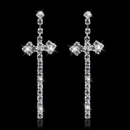 sengpan Bridal Crystal Cross Shape Long Earrings Sparkly Silver Color Rhinestone Dangle Earrings For Women Wedding Jewelry Gifts