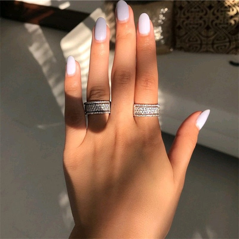 sengpan Elegant Silver Color Rhinestone Crystal Ring Wide Love Rings For Women Wedding Engagement Full Zircon Finger Rings Jewelry Gifts