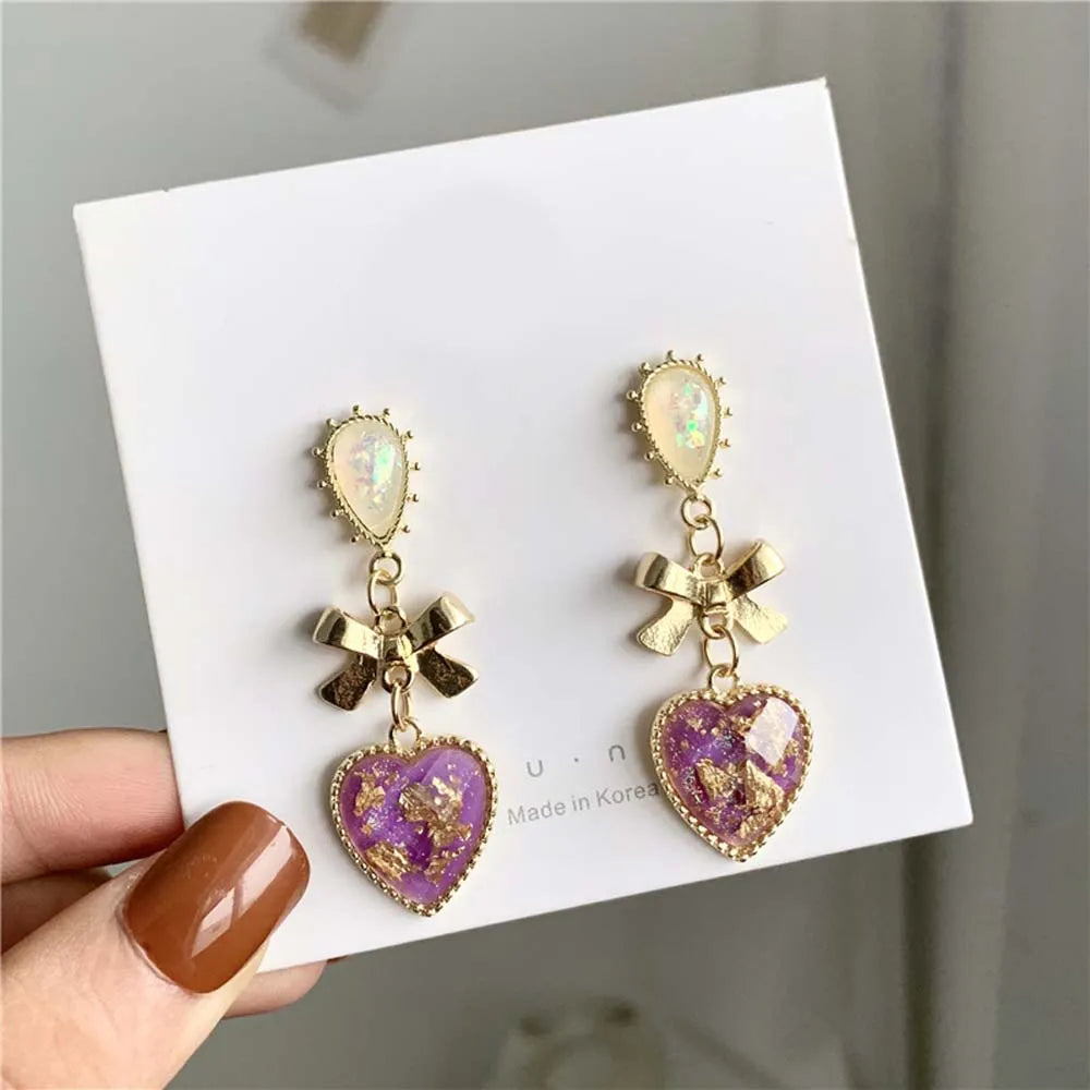 sengpan Bowknot Heart Resin Earrings Korean Classic Style Golden Peach Heart Stud Earrings For Woman Jewelry Valentine's Day present