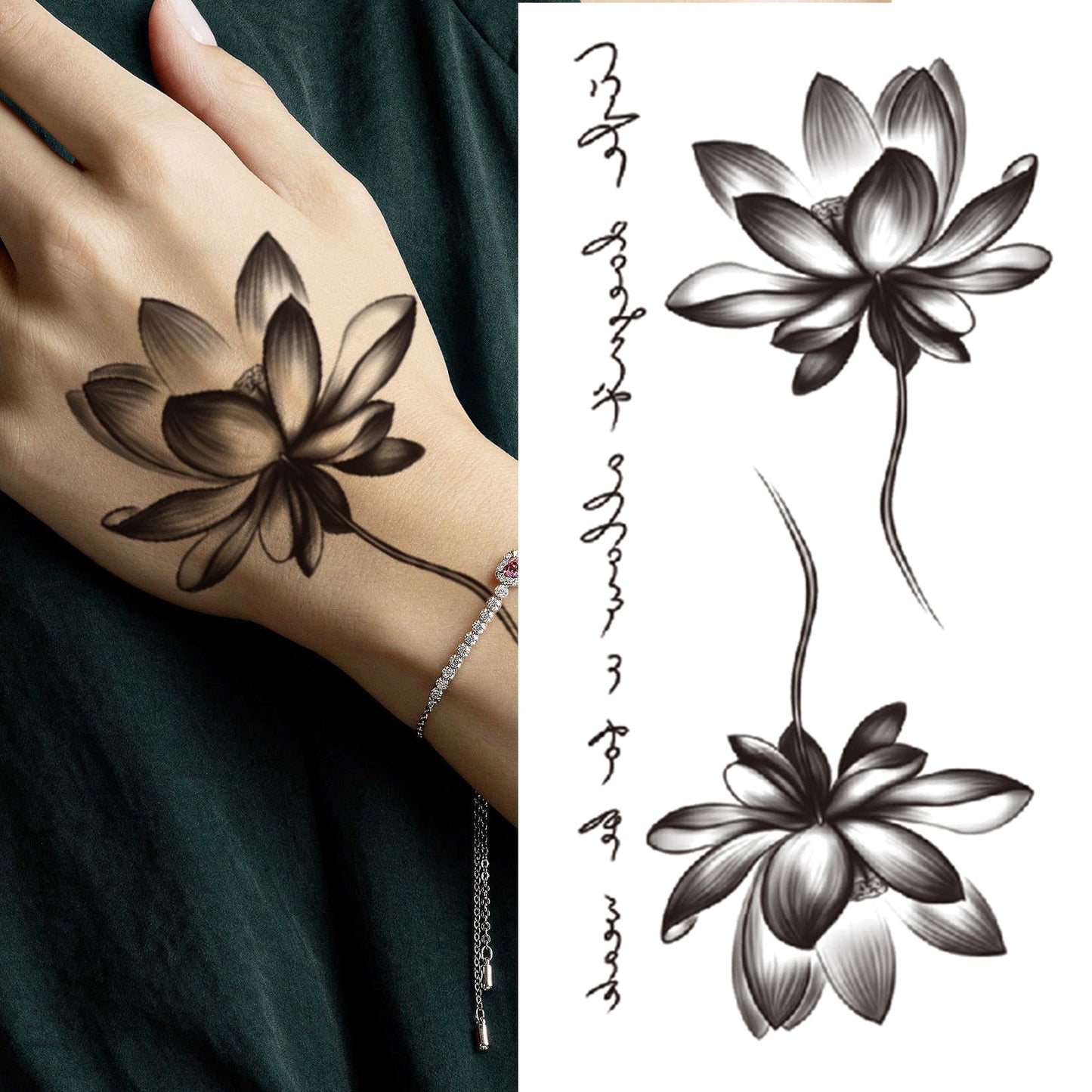 sengpan Lotus Flower Temporary Tattoo For Women Girls Snake Peony Lily Rose Chains Tattoos Sticker Black Blossom Fake Transferable Tatoo