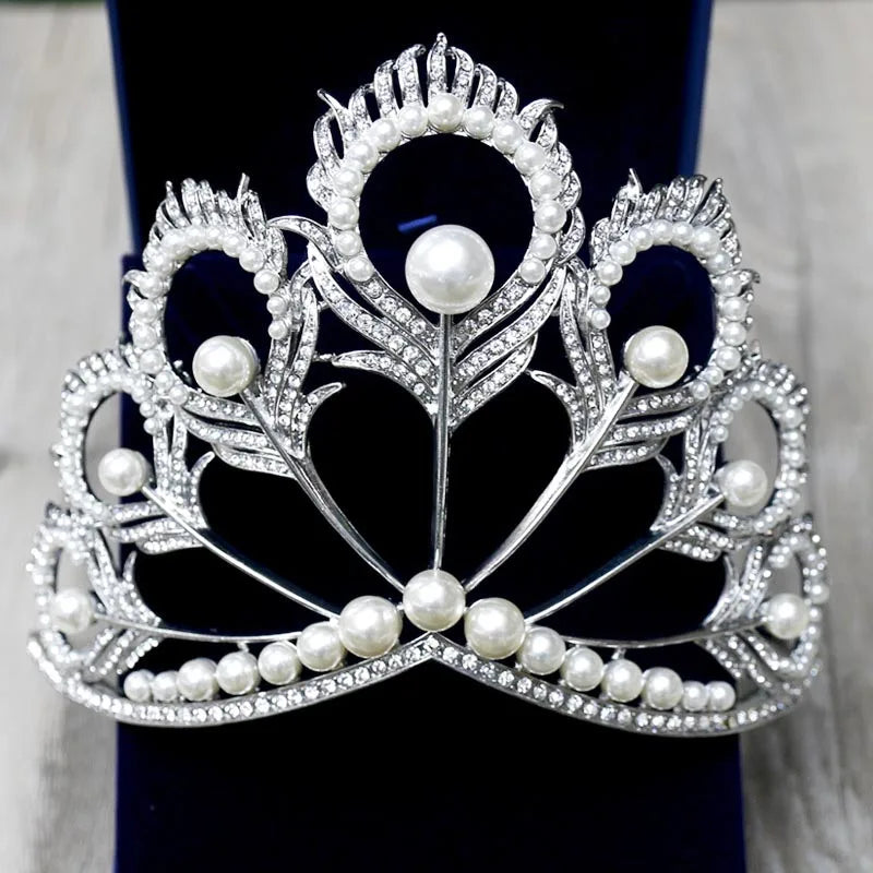 sengpan New Arrival Big Size Pageant Full Round Silver Color Pearl Feather Shining Rhinestone Tiara Crown Headwear Hair Accessories