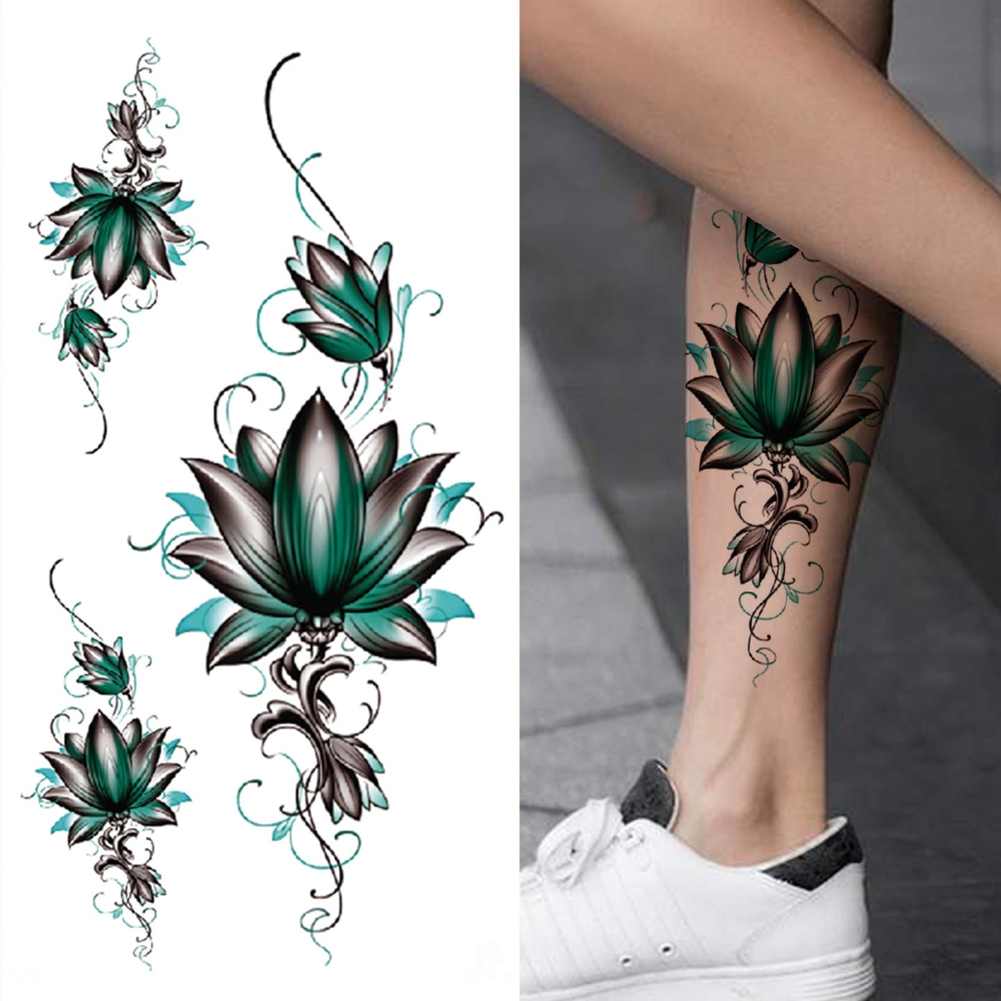 sengpan Lotus Flower Temporary Tattoo For Women Girls Snake Peony Lily Rose Chains Tattoos Sticker Black Blossom Fake Transferable Tatoo