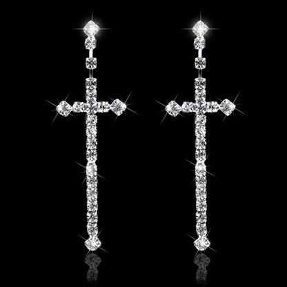 sengpan Bridal Crystal Cross Shape Long Earrings Sparkly Silver Color Rhinestone Dangle Earrings For Women Wedding Jewelry Gifts