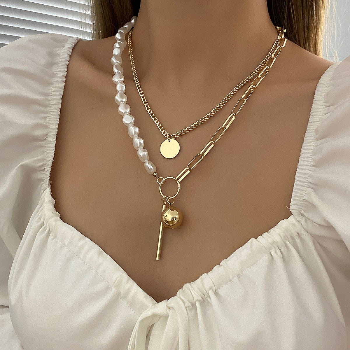 sengpan New Fashion Layered Baroque Pearl Charm Chain Necklace for Women Collar Metal Circle Round Ball Choker Necklaces