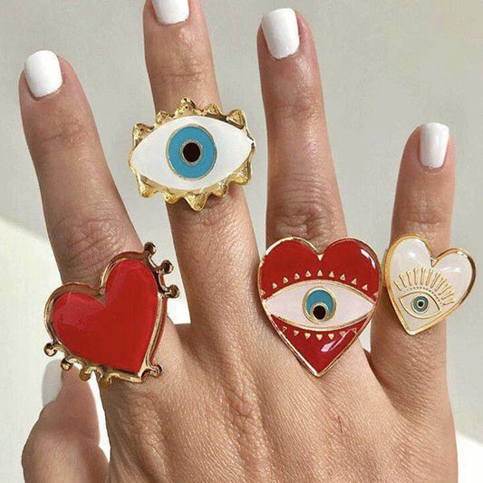 sengpan Unique Design Heart Eye Open Rings For Women Gold Plated Red Love Heart Blue Eyes Adjustable Opening Ring Fashion Party Jewelry