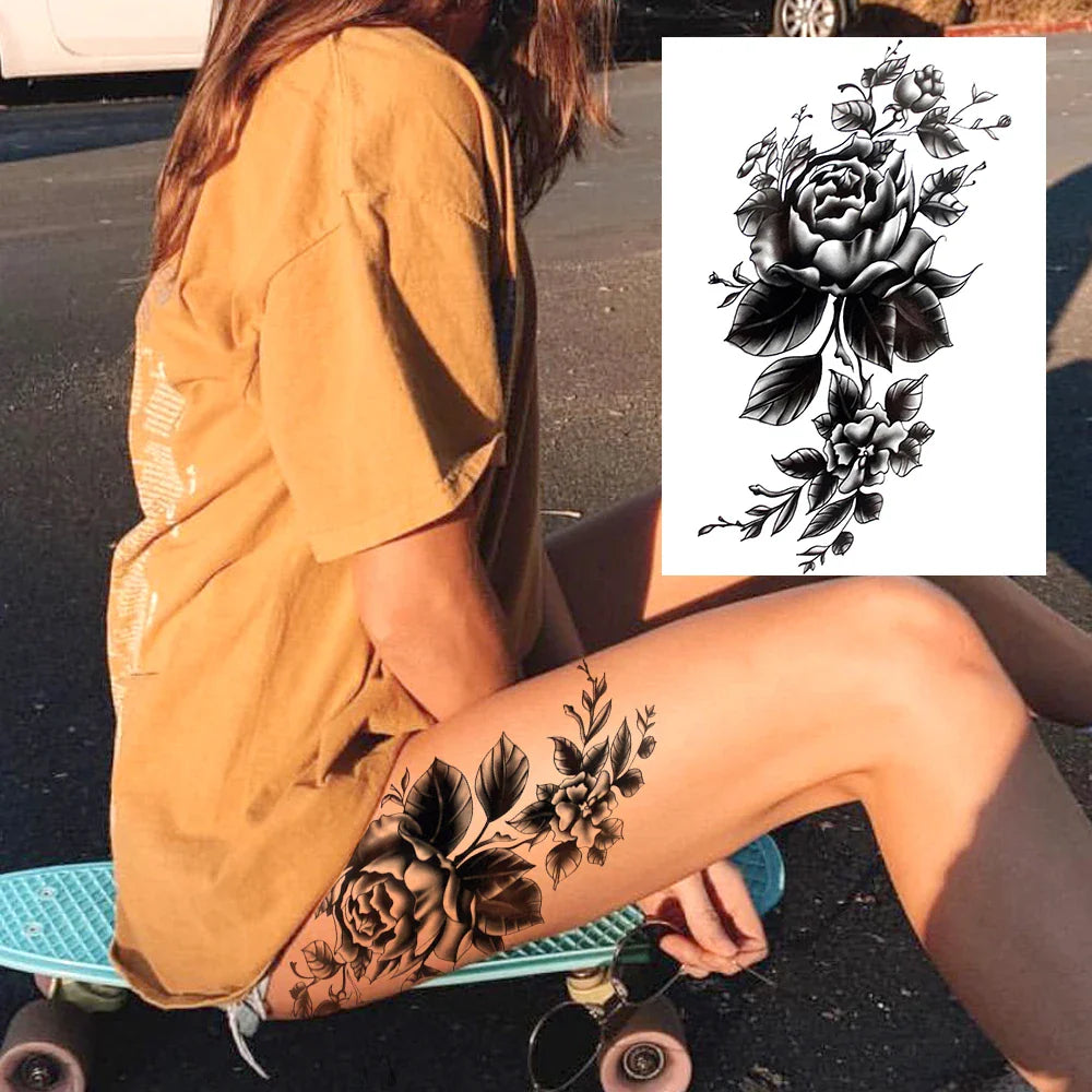 sengpan Sexy Flower Temporary Tattoos For Women Body Art Painting Arm Legs Tattoos Sticker Realistic Fake Black Rose Waterproof Tattoos