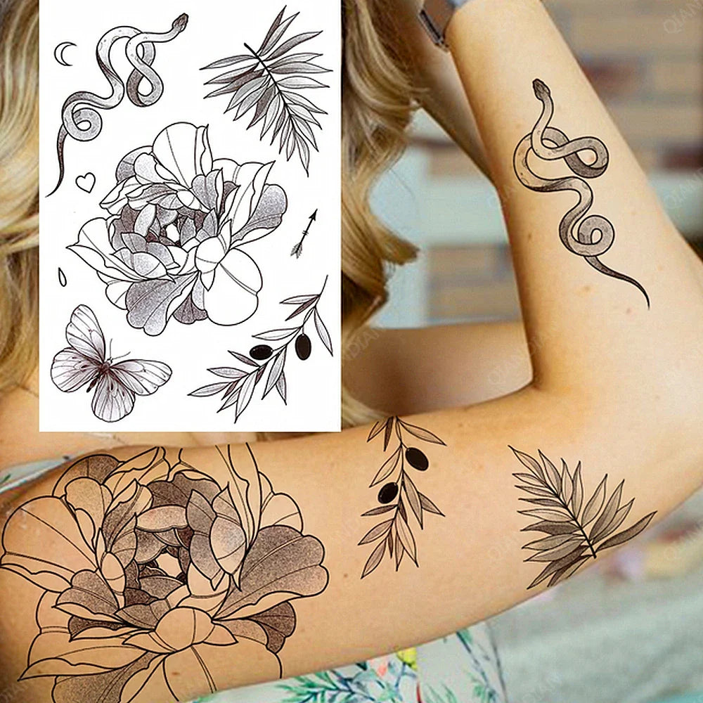 sengpan Black Flower Rose Waterproof Temporary Bird Snake Sexy Body Arm Leg Gem Henna Tattoo Fashion Big Fake Sleeve Sticker